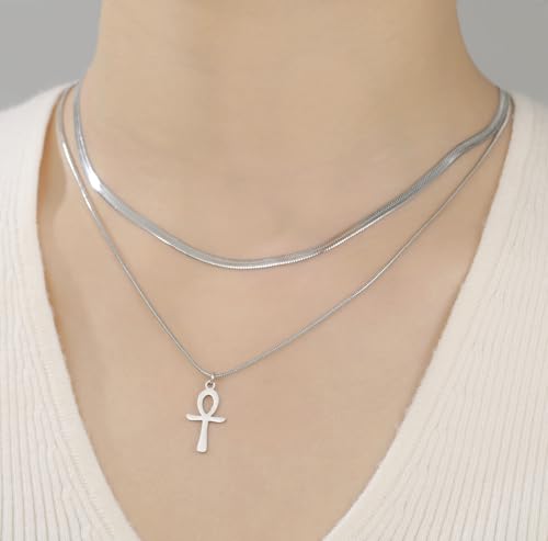 Ankh Cross Y Necklace Key of Life Eye of Horus Pendant Cartouche Long Chain Protection African Coptic Amulet Ancient Egyptian Religious Jewelry Gift for Women Men - color: layerd Ankh Cross