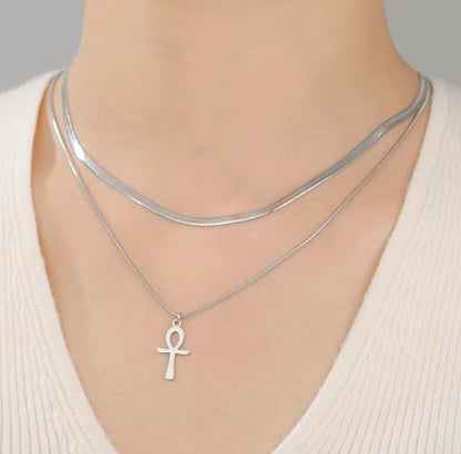 Ankh Cross Y Necklace Key of Life Eye of Horus Pendant Cartouche Long Chain Protection African Coptic Amulet Ancient Egyptian Religious Jewelry Gift for Women Men - color: layerd Ankh Cross