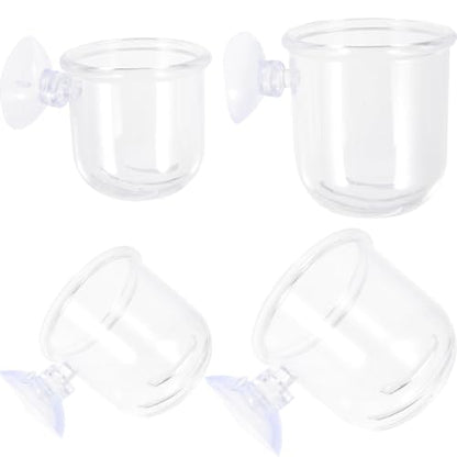 FOMIYES 4pcs Aquarium Fish Feeding Cups Set Multi-Function Glass Fish Feeder with Suction Cups Small Large Sizes and Shrimp Tank Feeding