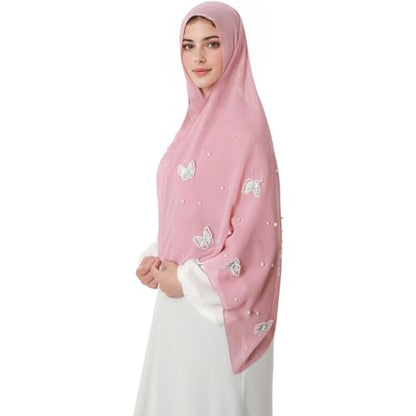 Muslim Prayer Hijab for Women Lightweight Pearl Chiffon Scarfs 3-D Butterfly Embroidery with Glitters Beads Islamic Hijab - color: Rose Pink