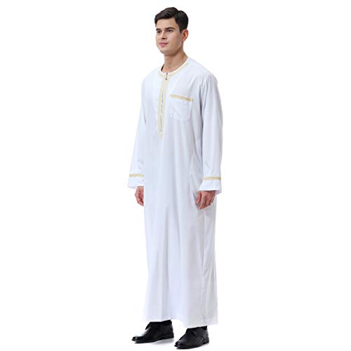 Lenmipot Men's Muslim Clothes Durable Kaftan Robe Dubai Long Gown Ethnic Clothes,1pc Soft Robe - color: A White, size: 3X-Large