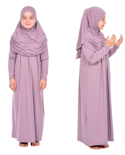Prien Kids Prayer Dress Muslim Clothes for Girls Long Sleeve Abaya with Hijab Two Piece Maxi Islamic Set Scarf Kaftan Jilbab - color: Lilac