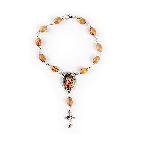 Olive Wood Car Rosary for Rearview Mirror from The Holy Land of Bethlehem - Auto Rosary with Madonna and Child Medal & Crucifix Cross Charm - 7" Pocket Rosary Beads for Hanging - color: Madonna and Child
