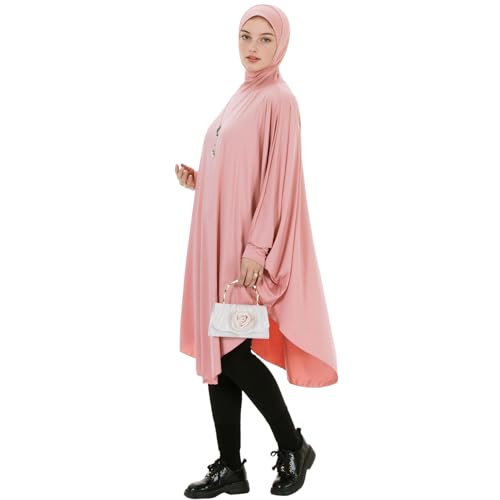 Muslim Abaya Dress for Women Highly Stretchy Batwing Hooded Prayer Hijab - color: Dark Pink, size: Medium