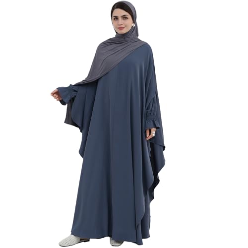 2PCS Women's Muslim Abaya Dress Lace Cuffs Islamic Dubai Prayer Robe Smooth Flowy Muslim Women Clothes - color: Dark Gray, size: Medium