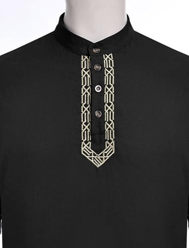 Odizli Muslim Clothes For Men Long Sleeve Stand Collar Thobe Saudi Jubba Dishdasha Kurta Diwali Outfits Indian Clothes - color: Black, size: 3X-Large