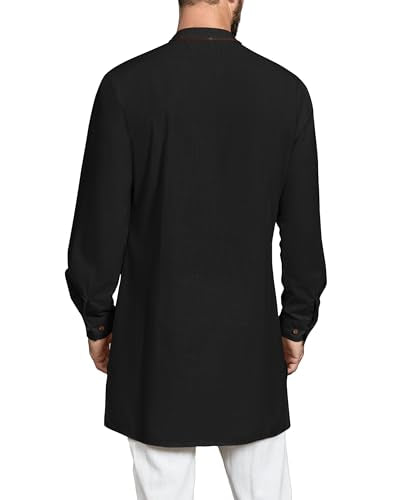 Gafeng Mens Kaftan Thobe Long Sleeve Robe Gown Casual Cotton Linen Button Muslim Shirt - color: Black, size: XX-Large