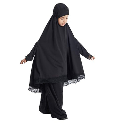 IBTOM CASTLE Little Girls Muslim Prayer Dress Abaya Long Sleeve Full Cover Lace Hijab Kaftan Dubai Islamic Modest Eid Jilbab - color: Black, size: 4-5T