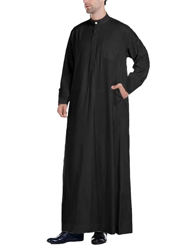YAOHUOLE Men Islamic Caftan Thobe Big and Tall Kaftan with Pocket Mens Arab Thobe Men Kaftan Thobe - color: Black, size: Medium