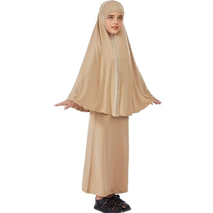 Lenmipot Kids Jilbab 2pcs Abaya Girls Muslim Prayer Dress Kids Eid Full Cover Abaya Dress Set Islamic Prayer Jilbab for Girl - color: Khakia, size: 9-10 Years