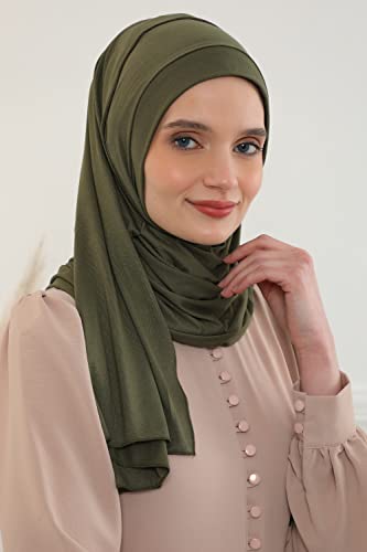 Aisha's Design Jersey Shawl for Women Instant 95% Cotton Modesty Turban Cap Hat Head Wrap Cotton Scarf - color: Army Green