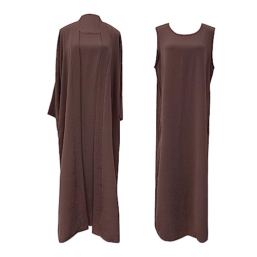 2PCS Women's Muslim Dresses Abaya Islamic Dubai Prayer Dress Robe Long Cardigan Maxi Dress - color: Dark Brown, size: Large