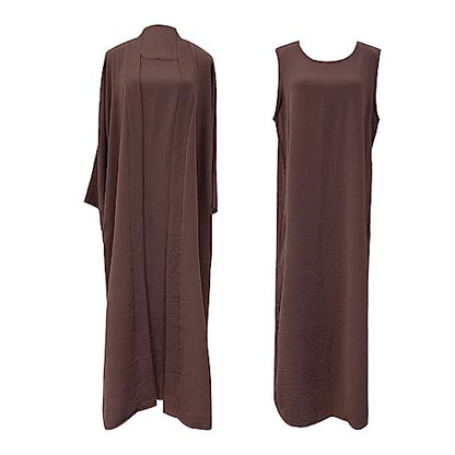 2PCS Women's Muslim Dresses Abaya Islamic Dubai Prayer Dress Robe Long Cardigan Maxi Dress - color: Dark Brown, size: Large