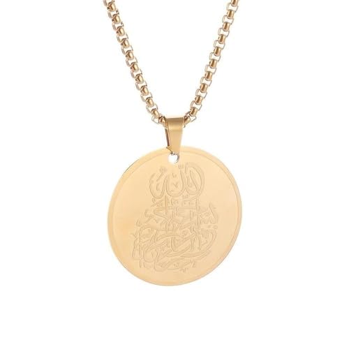 Classic Stainless Steel Islamic Muslim Quran Allah Medal Pendant Necklace Fashion Casual Amulet Jewelry for Men and Women - color: golden