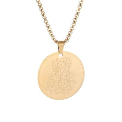 Classic Stainless Steel Islamic Muslim Quran Allah Medal Pendant Necklace Fashion Casual Amulet Jewelry for Men and Women - color: golden