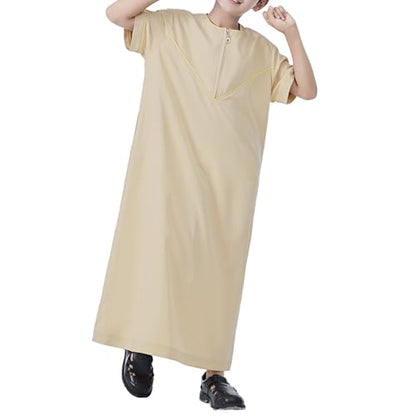 Boys Short Sleeve Muslim Thobes Islamic Kids Half Zipper Eid Traditional Prayer Kaftan Thobes Toddler Abaya Clothes - color: Beige, size: 3-4T