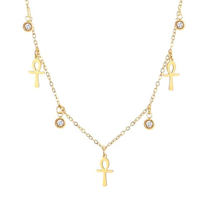 Ankh Cross Y Necklace Key of Life Eye of Horus Pendant Cartouche Long Chain Protection African Coptic Amulet Ancient Egyptian Religious Jewelry Gift for Women Men - color: Gemstone Ankh Cross gold