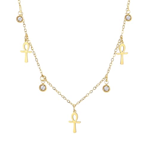 Ankh Cross Y Necklace Key of Life Eye of Horus Pendant Cartouche Long Chain Protection African Coptic Amulet Ancient Egyptian Religious Jewelry Gift for Women Men - color: Gemstone Ankh Cross gold