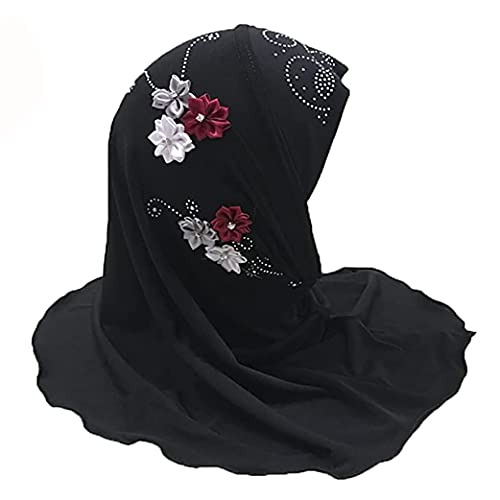Girls Muslim Hijab Floral Lace Head Scarf Kids Islamic Arab Scarf Shawls Head Wrap with Flowers - color: Black (6 Flowers)