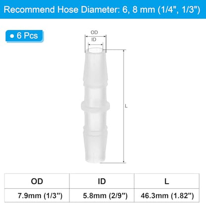 PATIKIL 1/4" - 1/3" 6 Pcs Plastic Hose Barb Fittings, Reducer Tube Fittings Pipe Adapter Union Splicer Joint Kit for Air Gas Water System Liquid Fuel Line Aquarium Tube Pump - size: 1/4"-1/3",(0.43"x1.82")