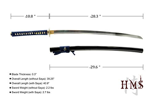 Hand Forged 1045 Carbon Steel Blue Dragon Katana Full Tang Sword | hand-sharpened for tameshigiri, bo-hi groove, openwork guard, navy ito wrap, black saya