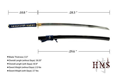 Hand Forged 1045 Carbon Steel Blue Dragon Katana Full Tang Sword | hand-sharpened for tameshigiri, bo-hi groove, openwork guard, navy ito wrap, black saya