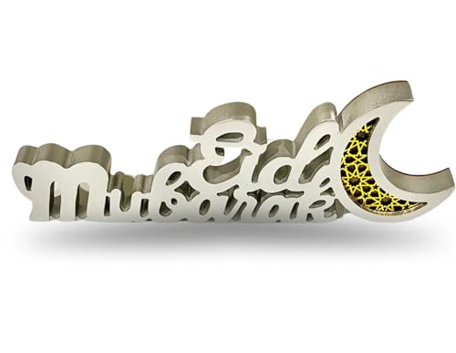 Eid Mubarak Wooden Tabletop Sign with LED Lights & Moon Design - 14" Silver Home Décor, Eid Gift for Office or Festive Displays (Eid Mubarak_Silver) - color: Eid Mubarak_Silver