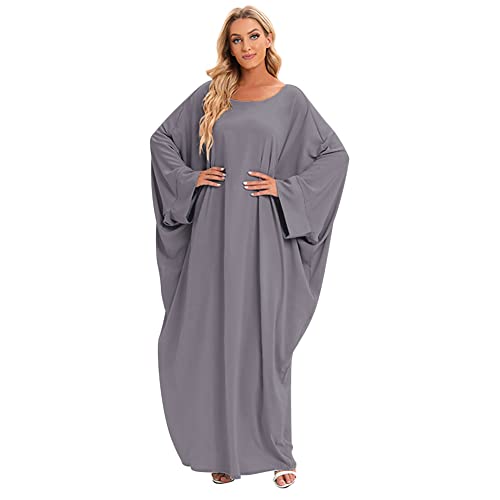 Muslim Dresses for Women, Long Sleeve Eid Islamic Prayer Jilbab Khimar Cardi Robe Middle East Maxi Abaya Dress - color: Grey