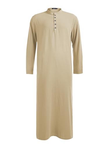 Jacansi Men's Muslim Buttoned Thobe Long Tunic, Oversized & Extra Long, Arabic Style with Pockets - color: Khaki, size: Medium