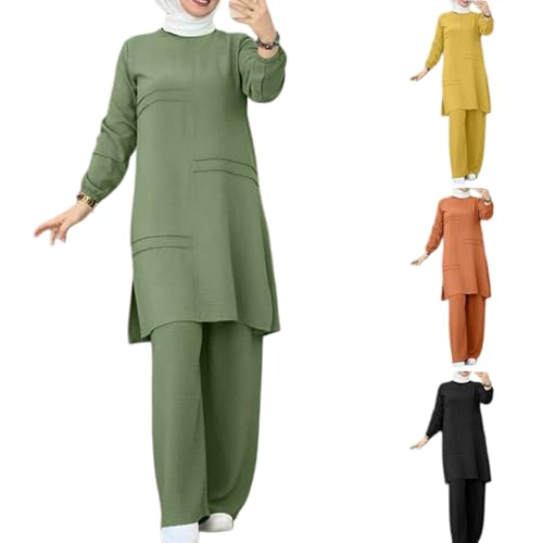 Muslim Outfits For Women 2 Piece Sets Long Sleeve Loose Tops Wide Leg Pants Suits Plus Size Outfit Prayer Clothes - color: Green, size: X-Large