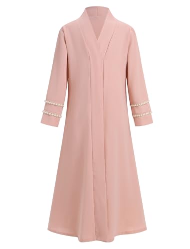 2PCS Kids Muslim Dress for Girls Islamic Prayer Abaya Long Sleeve Cardigan Dubai Kaftan Robe Prayer Dress with Hijab Jilbab - color: Pink, size: 11-12 Years