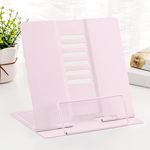 MSDADA Book Stand Metal Reading Rest Book Holder Adjustable Cookbook Documents Holder Portable Bookstands for Recipes Textbooks with Page Clips Birthday Gifts for Girls Mom Students(Macaron Pink) - color: Macaron Pink