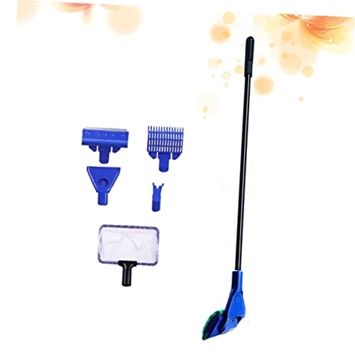 LIOOBO Five One Aquarium Fish Tank Brush Cleaning Kit Long Handle Fish Net Rake Scraper Clip for Effortless Cleaning of Aquariums Blue