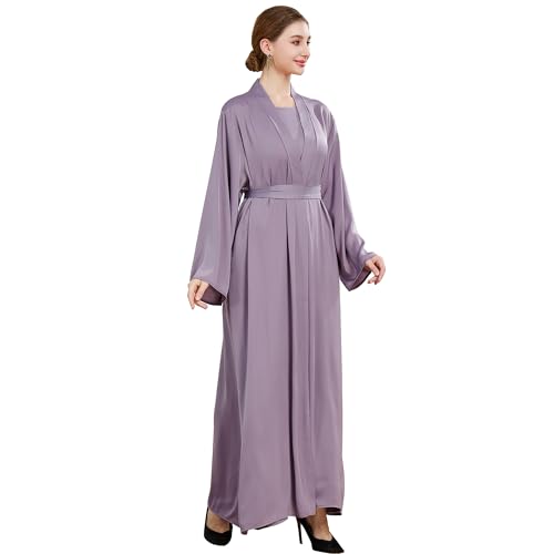 Islamic Abaya Dress for Women Muslim Maxi Abayas 2pcs Silky Fashion Dress Set Daily Kaftan Jilbab Outfit Women Eid Robe - color: Purplea, size: Large
