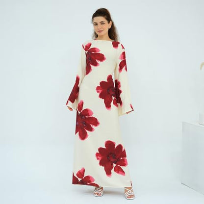 FYMNSI Womens Muslim Dresses Bell Sleeve Floral Butterfly Abaya Modest Dubai Kaftan Islamic Dress Eid Ramadan Prayer Clothes - color: White, size: Large