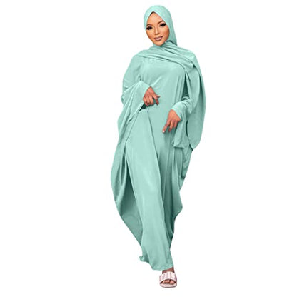 Muslim Dress for Women Pakistani Kaftan Abaya Robe + Hijab Arabic Islamic Prayer Clothes Dubai Outfits - color: Light Green Set