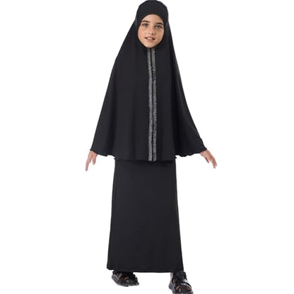 Lenmipot Kids Jilbab 2pcs Abaya Girls Muslim Prayer Dress Kids Eid Full Cover Abaya Dress Set Islamic Prayer Jilbab for Girl - color: Blacka, size: 9-10 Years