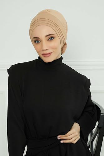 Aisha's Design Instant Turban Head Wraps for Women, Combed Cotton Scarf Lightweight Pre tied Hijab with Back Rose Detail - color: Sand Brown