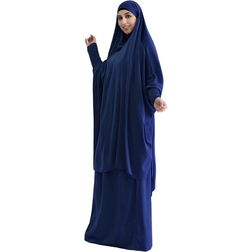 Muslim Women Abaya Two Pieces Set Prayer Dress Elasticated Sleeves Islamic Robe Modest Full Cover Prayer Clothes - color: Navy Blue