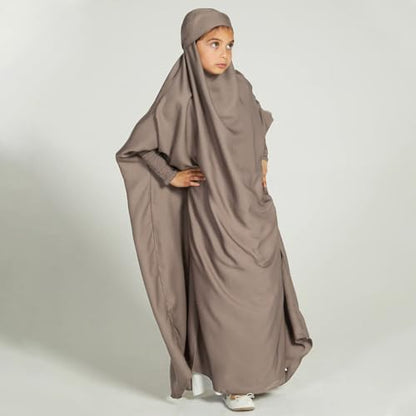 IDOPIP Muslim Dress for Girls One Piece Long Sleeve Islamic Prayer Dress with Hijab Casual Maxi Kaftan Abaya Gown Clothes - color: Light Coffee, size: 12-13 Years