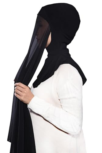Lina & Lily Premium Chiffon Ninja Instant Hijab Scarf Stitched Jersey Cap Neck Cover Full Coverage - color: Black