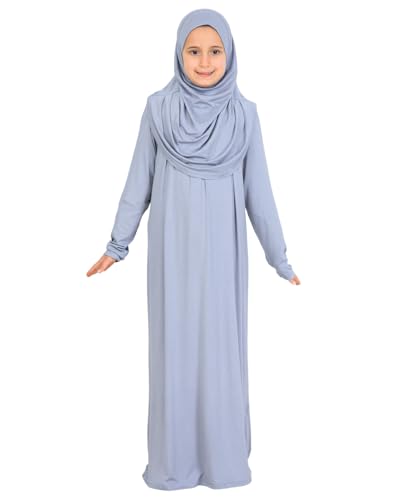 Prien Kids Muslim Prayer Dress With Hijab & Pouch, Soft Viscose Abaya For Girls, Islamic Clothes, Robe For Eid, Ramadan - color: Grey