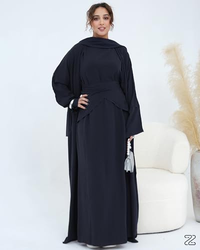 Abaya Muslim Prayer Dress Set Ramadan Open Front Islamic Clothing 3pcs Prayer Robe with Waist Apron Loose Flowy - color: Black, size: Small