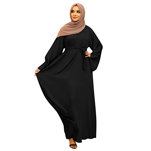 Prayer Dress for Women Muslim Long Sleeve A Line Elegant Maxi Dress Casual Wedding Party Maxi Dresses with Belt - color: Black, size: Small
