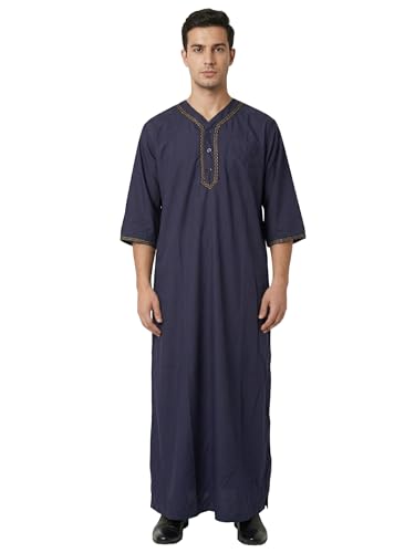 Mens Kaftan Thobe V-Neck Half Sleeve Muslim Robe Dubai Long Gown Saudi Arab Thobe Robes for Summer Beach - color: Blue, size: XX-Large