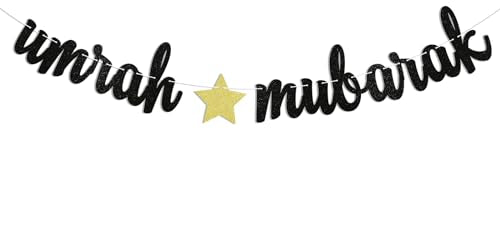 Umrah Mubarak Banner - Muslim Islamic Hanging Celebration Party Decorations, Ramadan Kareem Decor, Eid Mubarak Party Decorations Black Glitter