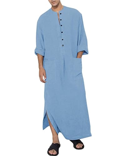 YAOHUOLE Kaftan for Men Long Sleeve Muslim Men Thobe Kaftan Thobe with Pockets - color: Blue, size: Large