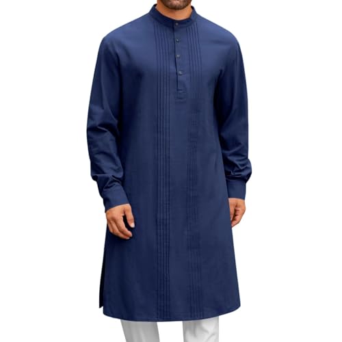 Mens Kaftan Thobe Button Down Cotton Linen Robe Muslim Casual Long Sleeve Gown Lightweight Breathable Kurta Caftan - color: A-bu2, size: XX-Large