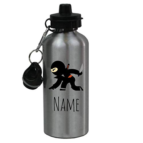 CustomGiftsNow Personalized Custom Ninja Aluminum 20 Ounce Kids Summer Sport Water Bottle, 2 Lids (Silver) - color: Silver
