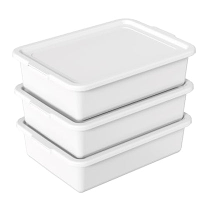 Hespama 3 Pack Commercial Bus Tub with Lid, 13 L Plastic Wash Basin, White | Food Grade